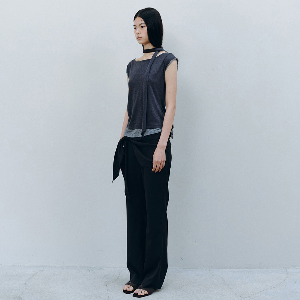 CACELE LAYERED NECK STRAP T-SHIRT, CHARCOAL