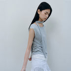 CACELE LAYERED NECK STRAP T-SHIRT, MELANGE GRAY