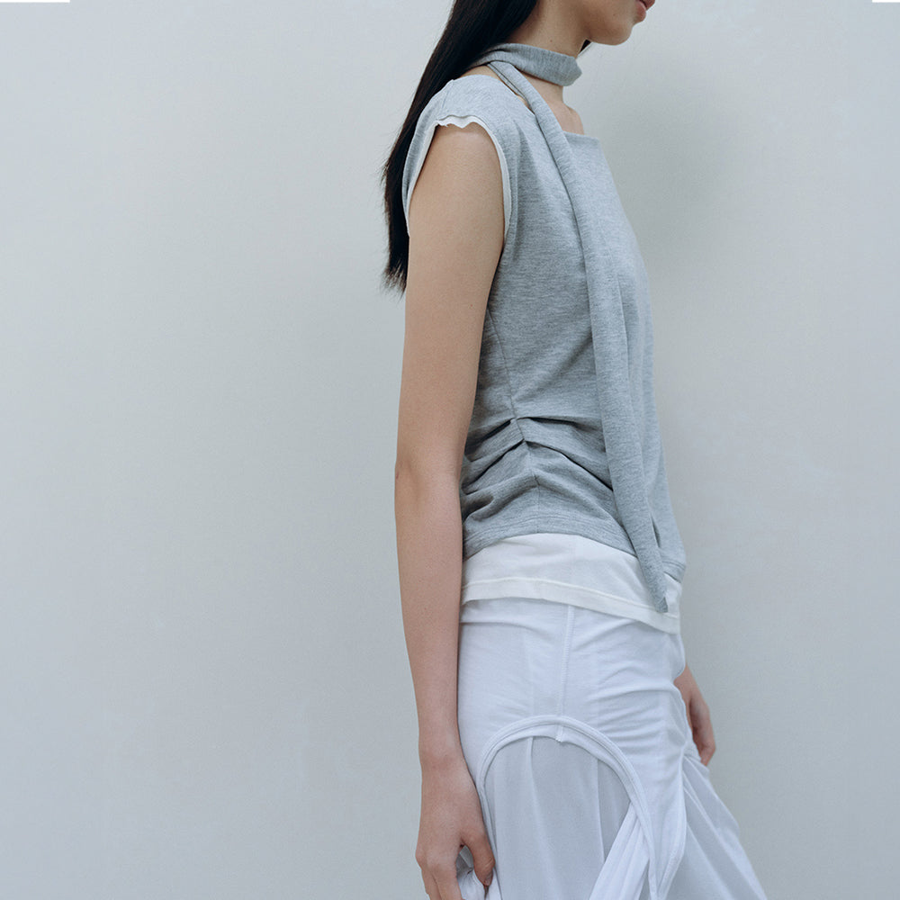 CACELE LAYERED NECK STRAP T-SHIRT, MELANGE GRAY
