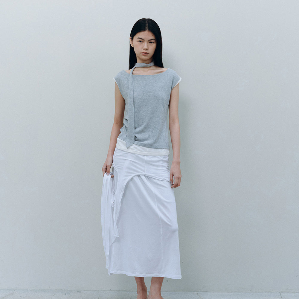 CACELE LAYERED NECK STRAP T-SHIRT, MELANGE GRAY