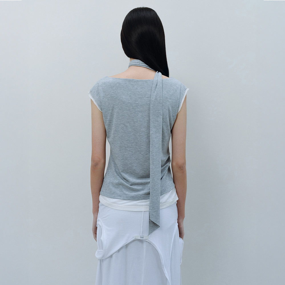 CACELE LAYERED NECK STRAP T-SHIRT, MELANGE GRAY