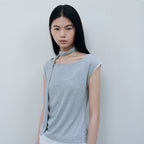 CACELE LAYERED NECK STRAP T-SHIRT, MELANGE GRAY