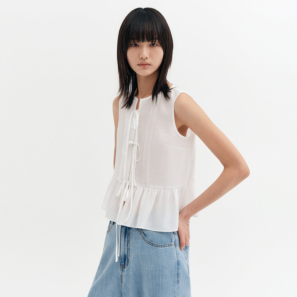 LOOKAST RENEE SHEER RIBBON SLEEVELESS BLOUSE_WHITE