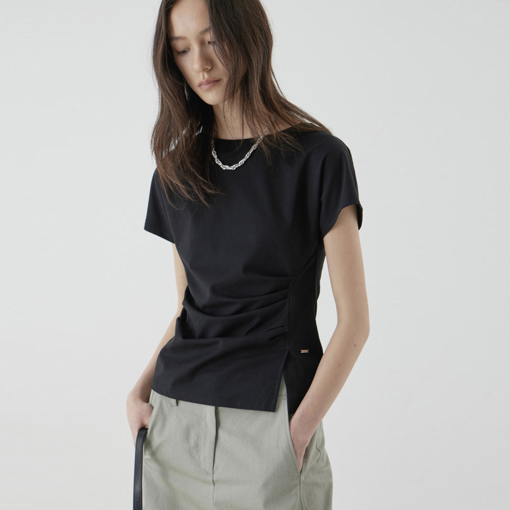 ZOOC Boat neck side shirring slim fit t-shirt BK_Z262MSM202