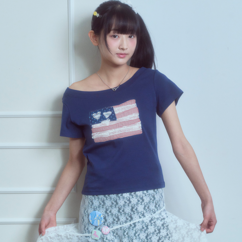 Rogin N Rosie USA banner lace one shoulder T-shirt Navy