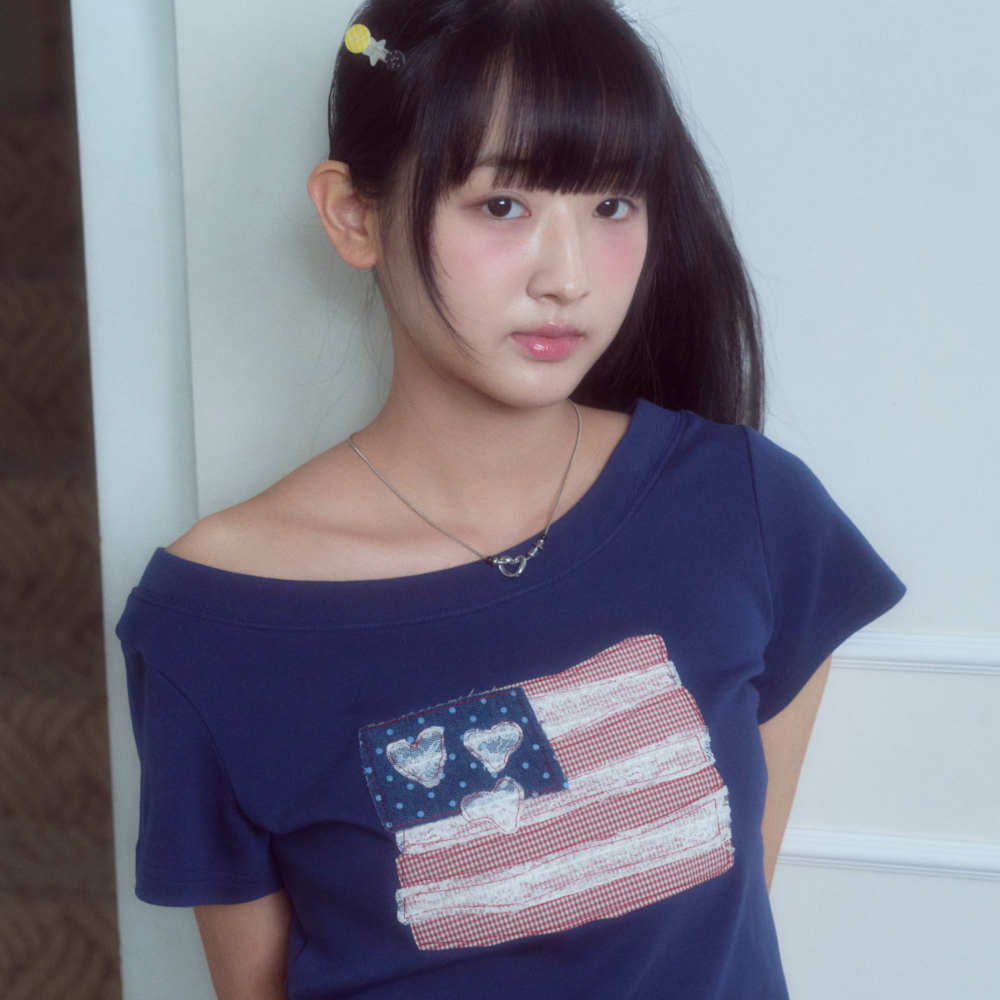 Rogin N Rosie USA banner lace one shoulder T-shirt Navy