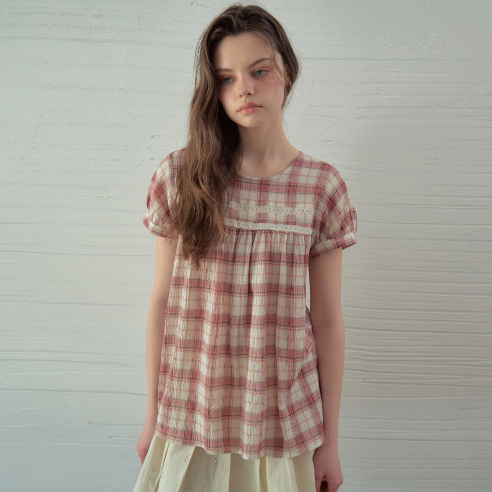 OURNOSTALGIA Avel Lace Check Blouse_Red(OB6BL12)