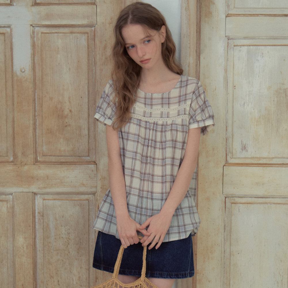 OURNOSTALGIA Avel Lace Check Blouse_Light Blue(OB6BL12)