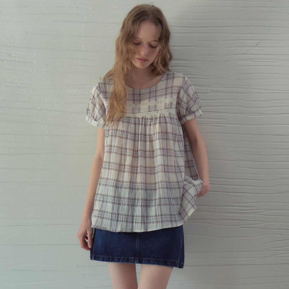OURNOSTALGIA Avel Lace Check Blouse_Light Blue(OB6BL12)