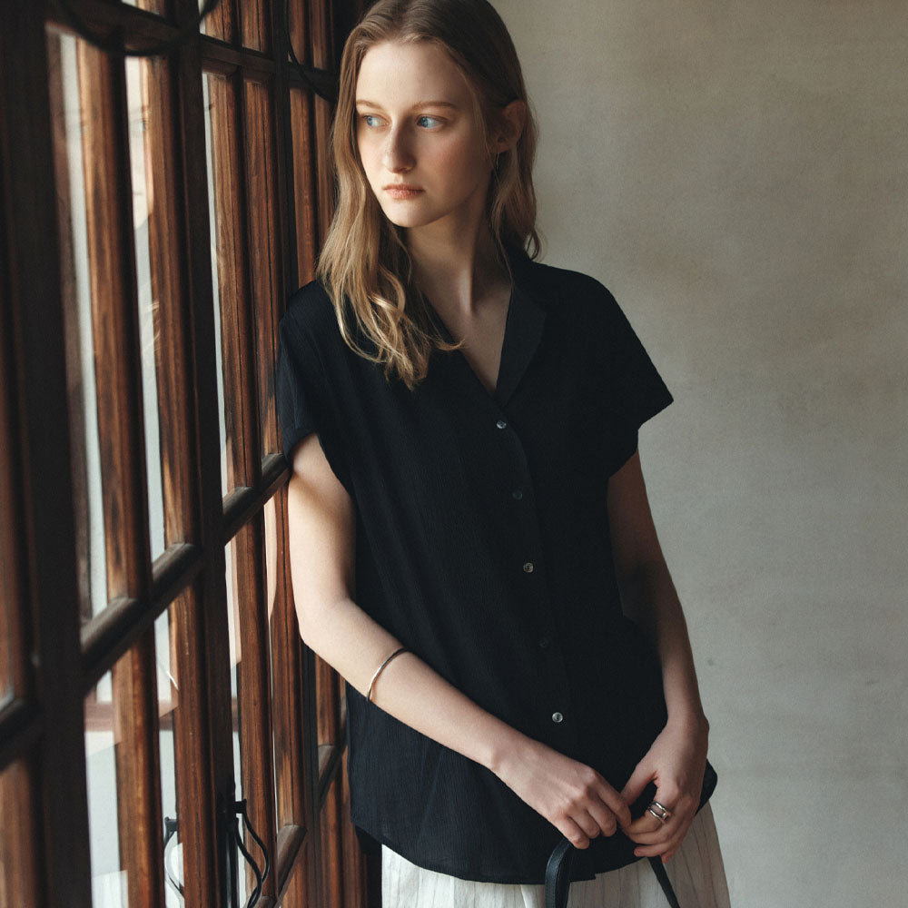 Siyazu SITP5292 Open collar retro short sleeve shirt_Black
