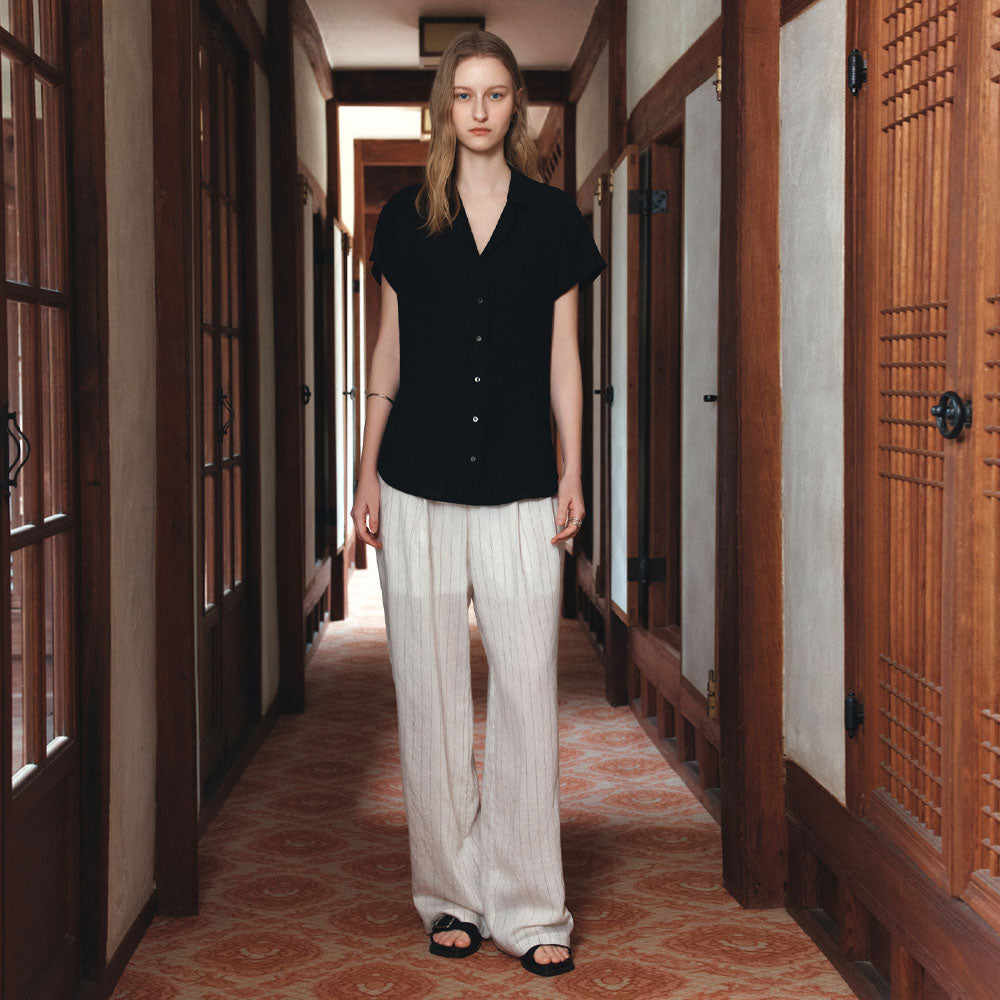 Siyazu SITP5292 Open collar retro short sleeve shirt_Black