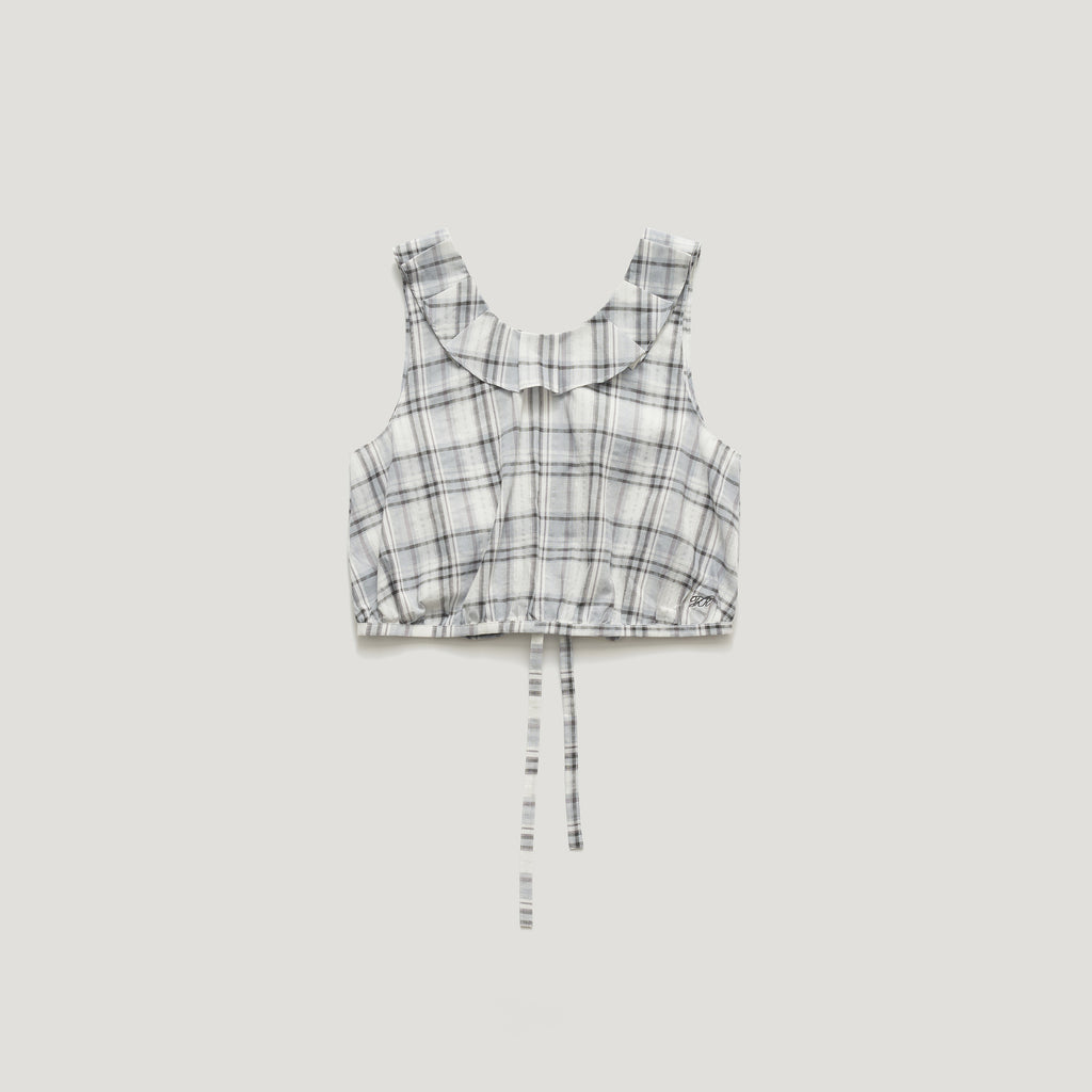 FARVEN SELINA CHECK FRILL-NECK CROP SLEEVELESS_FOG GREY