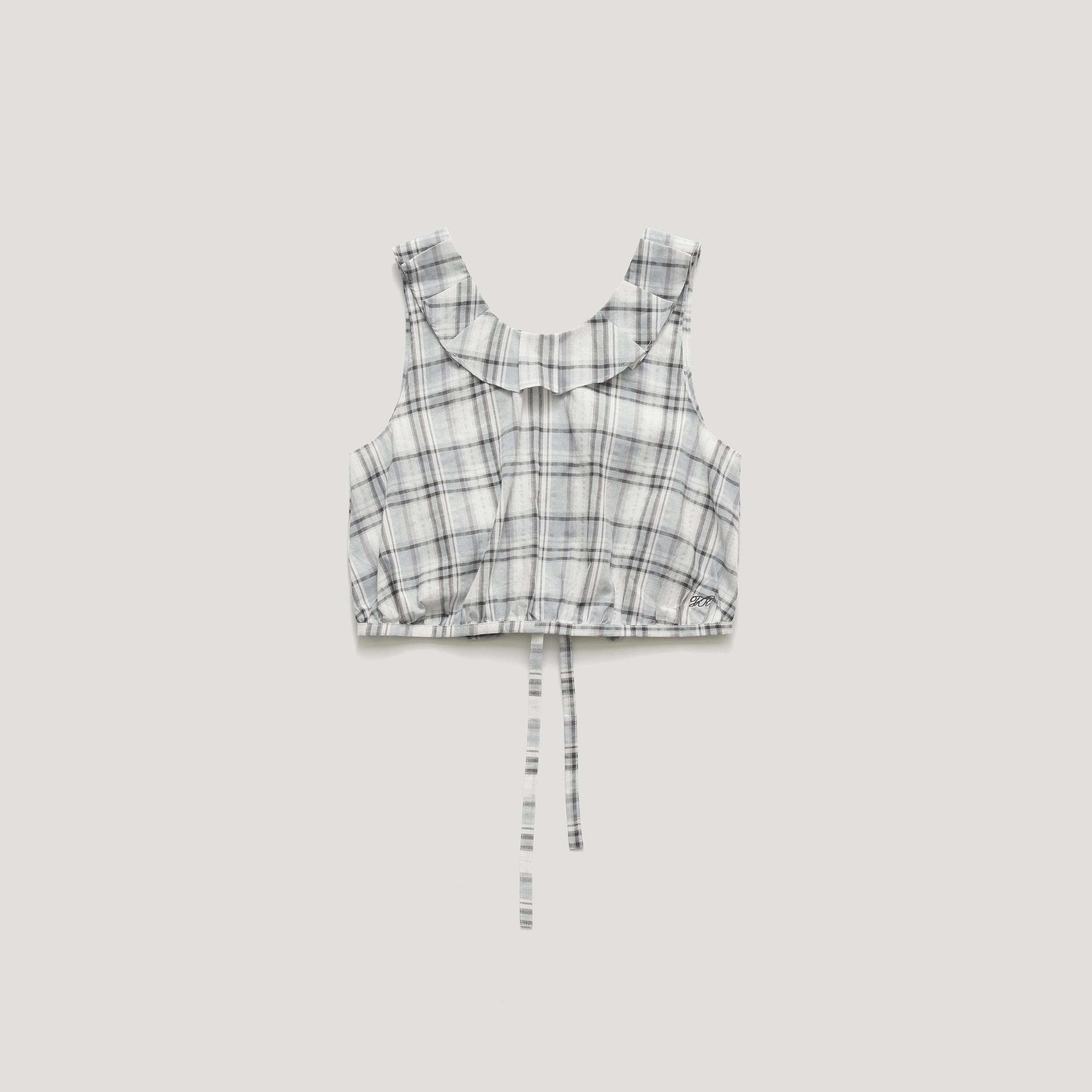 FARVEN SELINA CHECK FRILL-NECK CROP SLEEVELESS_FOG GREY
