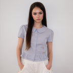 RoséFrantz Puff Sleeve Peplum Check Blouse [Sky Blue]