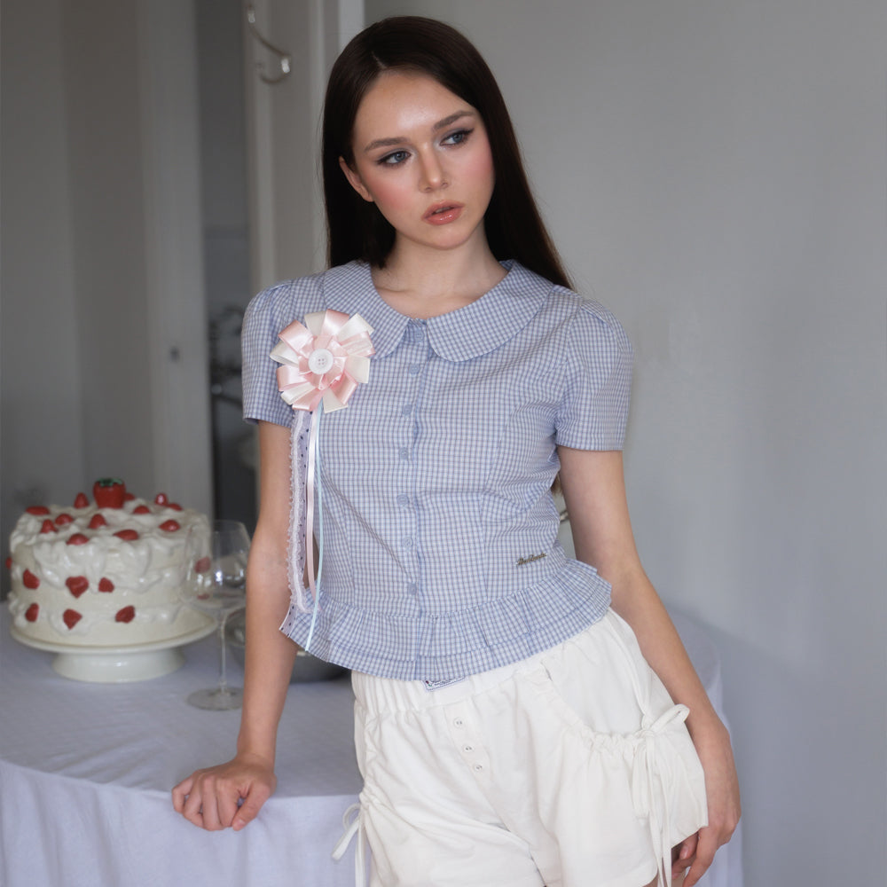 RoséFrantz Puff Sleeve Peplum Check Blouse [Sky Blue]