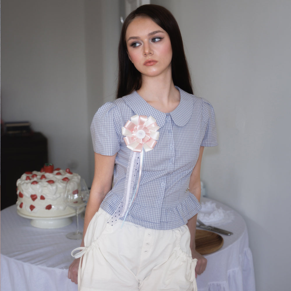 RoséFrantz Puff Sleeve Peplum Check Blouse [Sky Blue]
