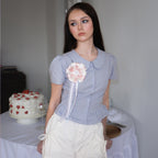 RoséFrantz Puff Sleeve Peplum Check Blouse [Sky Blue]