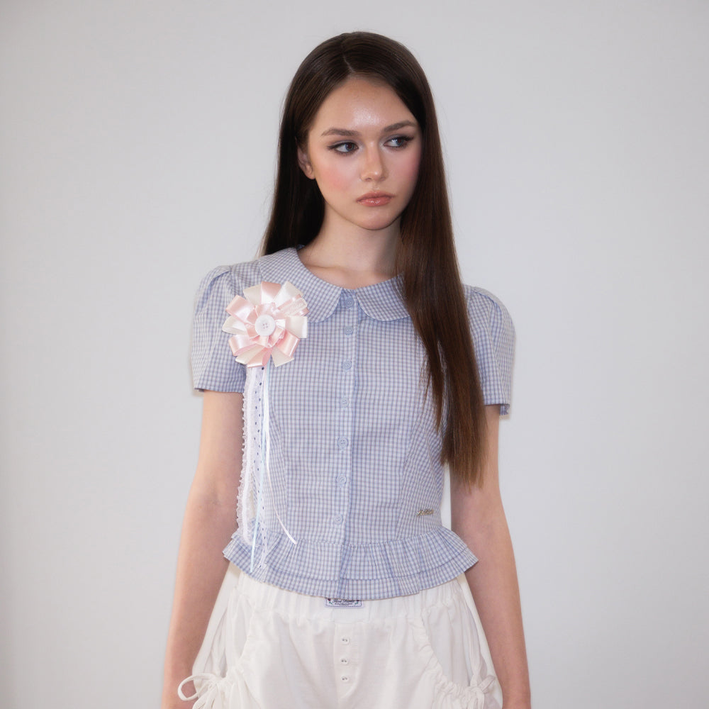 RoséFrantz Puff Sleeve Peplum Check Blouse [Sky Blue]