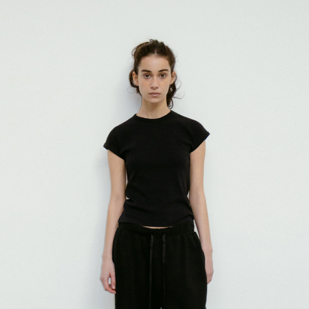 REPOS Cap Sleeve Ribbed T-Shirt (Black)