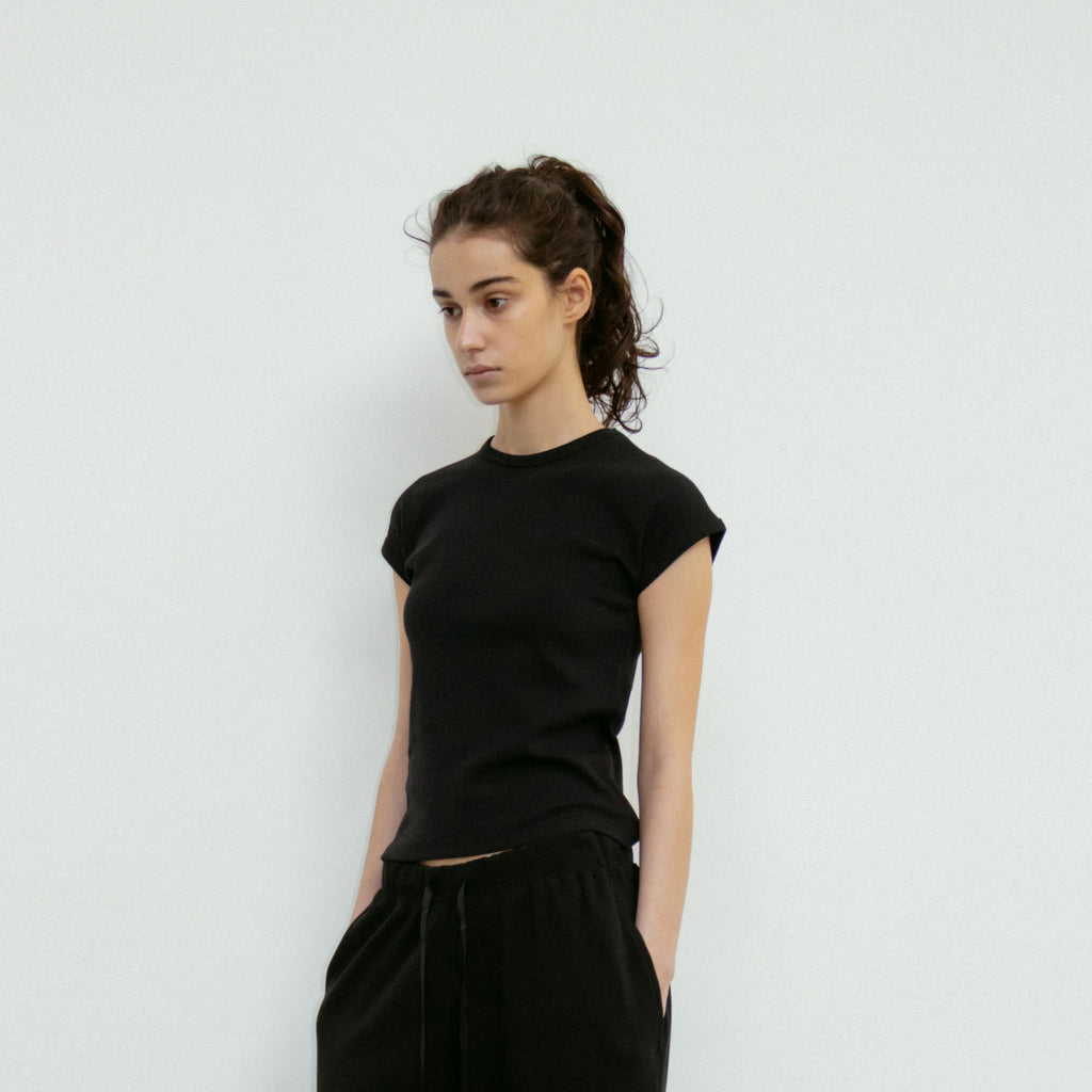 REPOS Cap Sleeve Ribbed T-Shirt (Black)