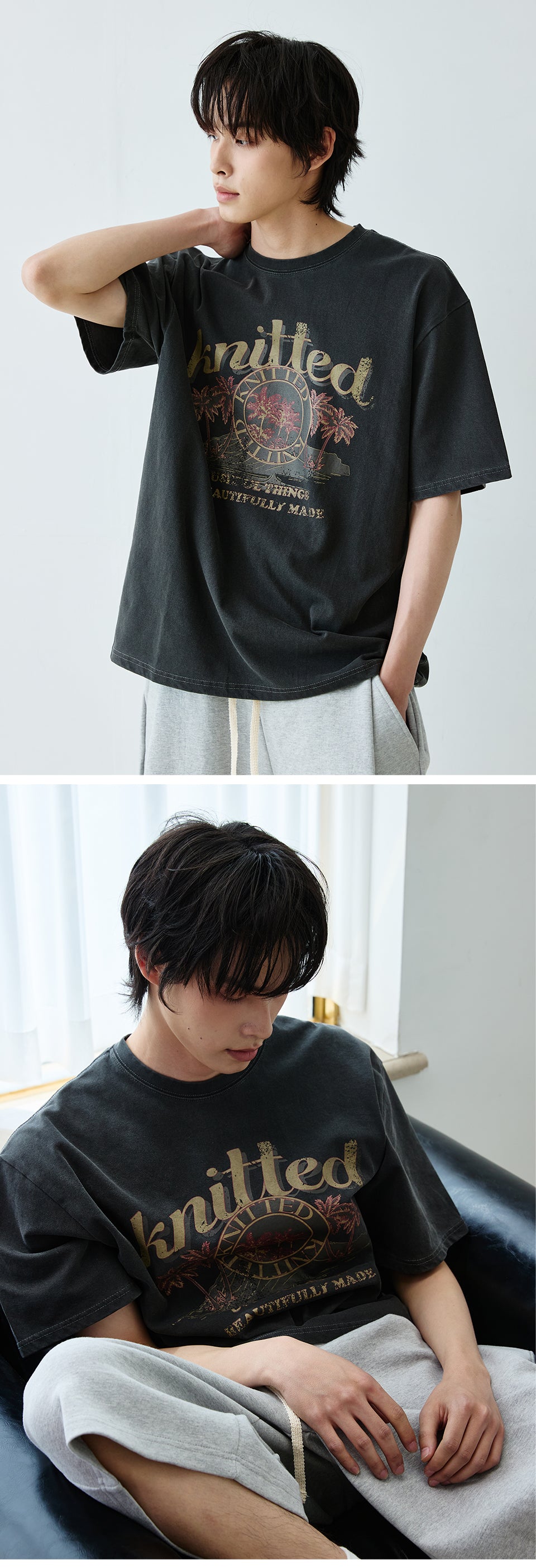 KNITTED (UNISEX) Pigmented palm tree graphic t-shirt CHARCOAL