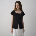 LAMEREI Square Neck Cap Sleeve Blouse[LMBFSUSH327]-Black