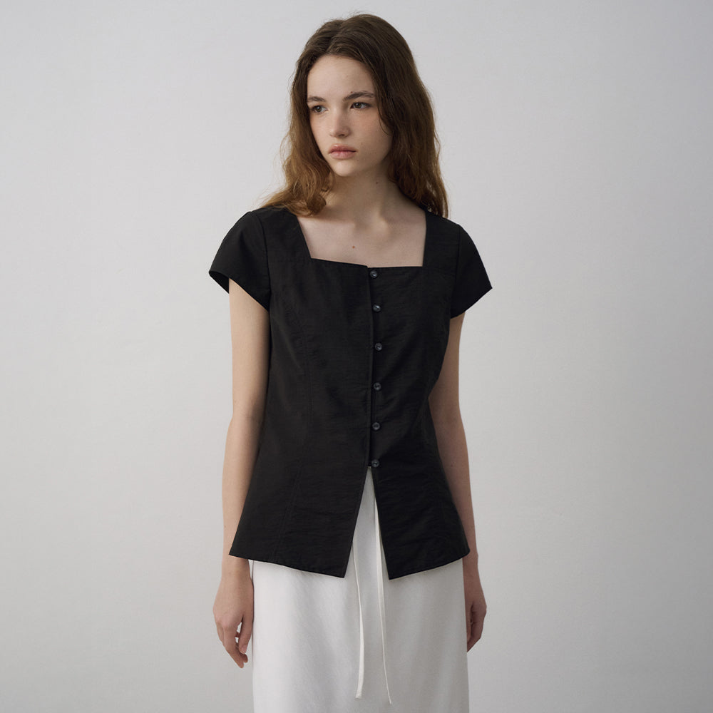 LAMEREI Square Neck Cap Sleeve Blouse[LMBFSUSH327]-Black