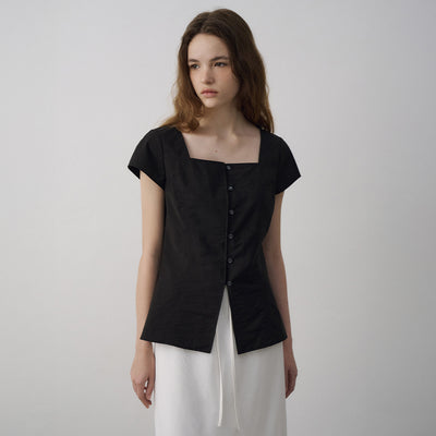 Square Neck Cap Sleeve Blouse[LMBFSUSH327]-Black