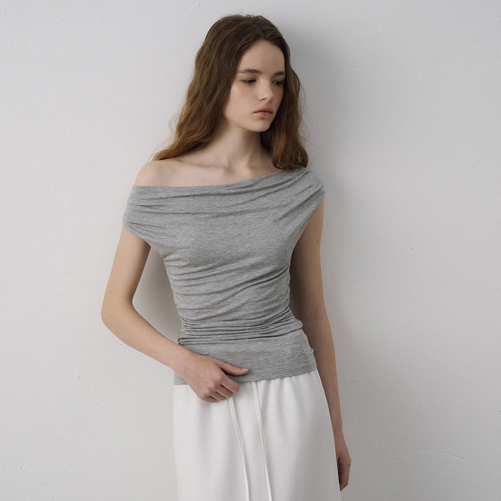 LAMEREI [Jennifer wearing][2nd reorder]Off-Shoulder Drape T-Shirt[LMBFSUTT627]-Grey Melange