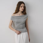 LAMEREI [Jennifer wearing][2nd reorder]Off-Shoulder Drape T-Shirt[LMBFSUTT627]-Grey Melange