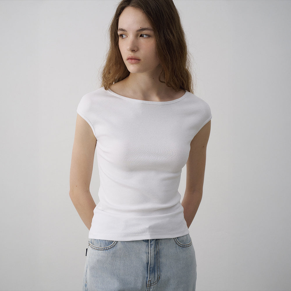 LAMEREI [2nd reorder]Mini Cap Sleeve Boat Neck T-Shirt[LMBFSUTT630]-2color