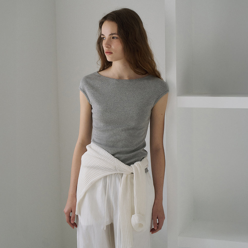 LAMEREI [2nd Reorder]Mini Cap Sleeve Boat Neck T-Shirt[LMBFSUTT630]-Grey Melange
