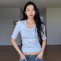 YJACK [joy PICK] W_Rib Slim Fit U Neck Half Sleeve T-Shirt LRT2039