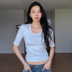 YJACK [joy PICK] W_Rib Slim Fit U Neck Half Sleeve T-Shirt LRT2039