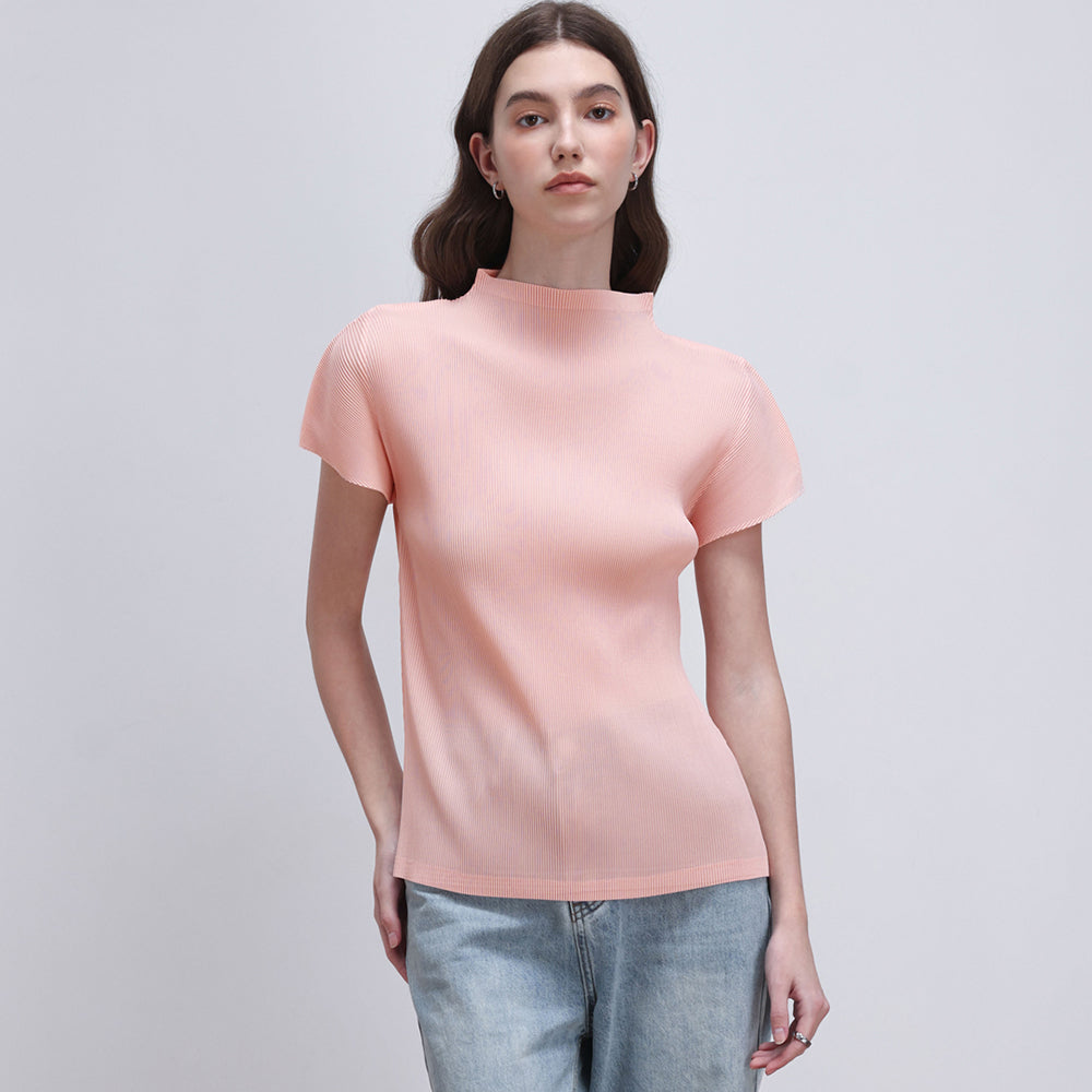 PLEATSMOOD Lao pleated half-neck top_pink