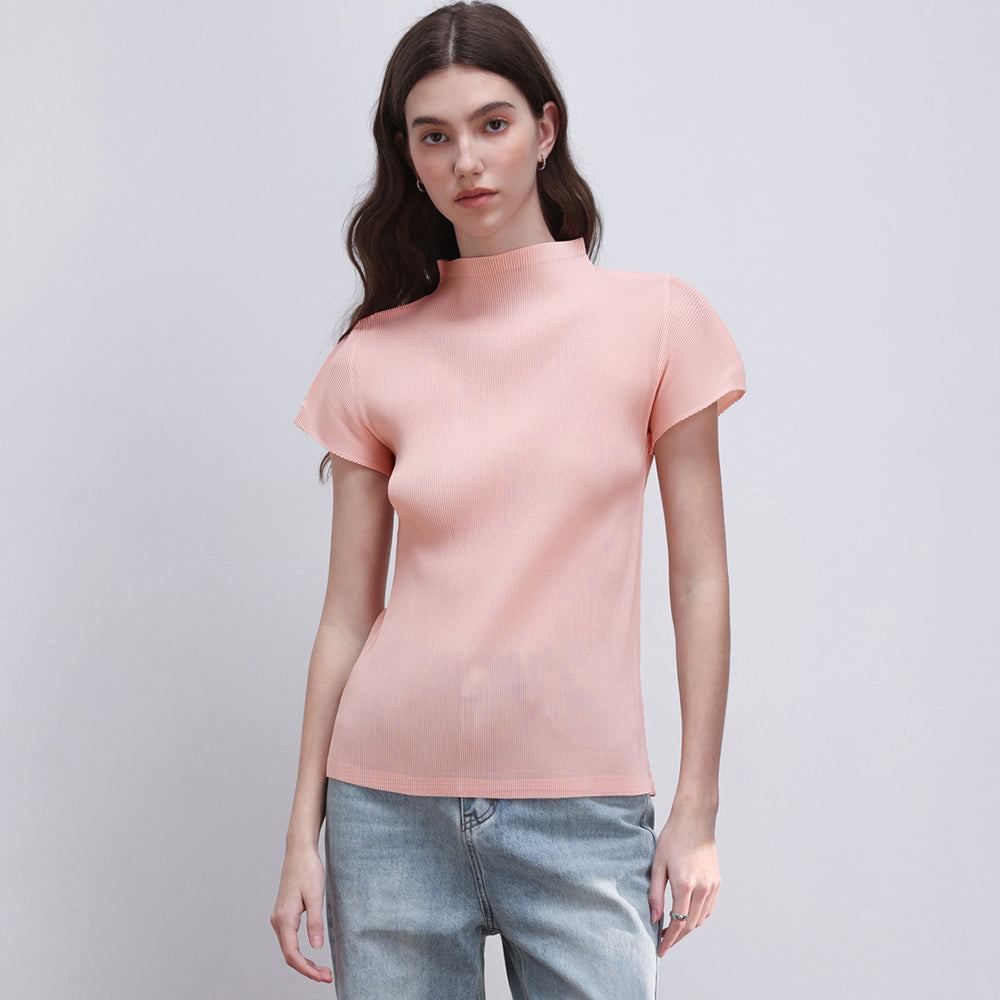 PLEATSMOOD Lao pleated half-neck top_pink