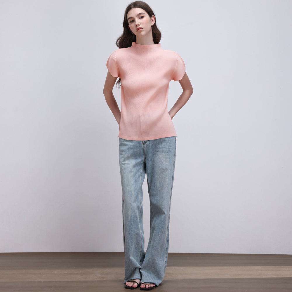 PLEATSMOOD Lao pleated half-neck top_pink