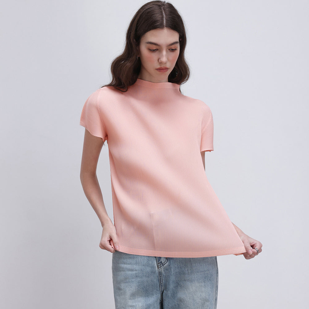 PLEATSMOOD Lao pleated half-neck top_pink