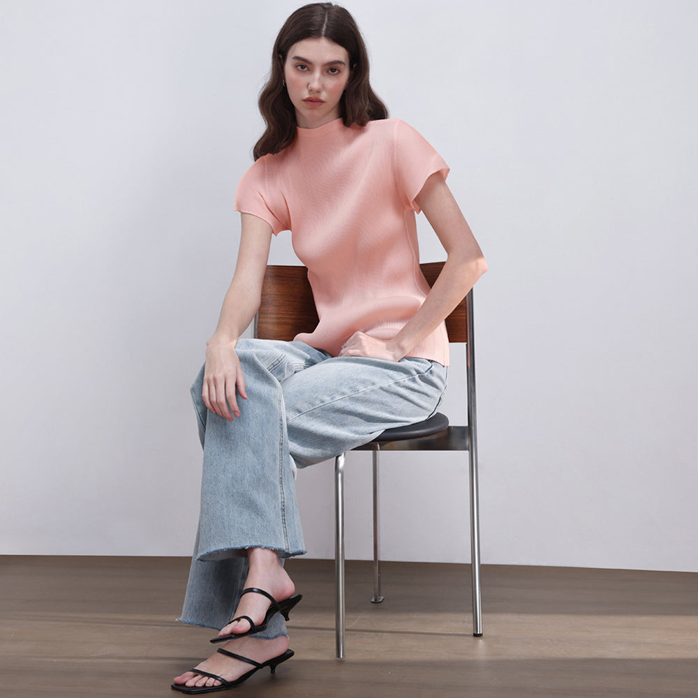 PLEATSMOOD Lao pleated half-neck top_pink