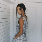 FARVEN SELINA CHECK FRILL-NECK CROP SLEEVELESS_FOG GREY