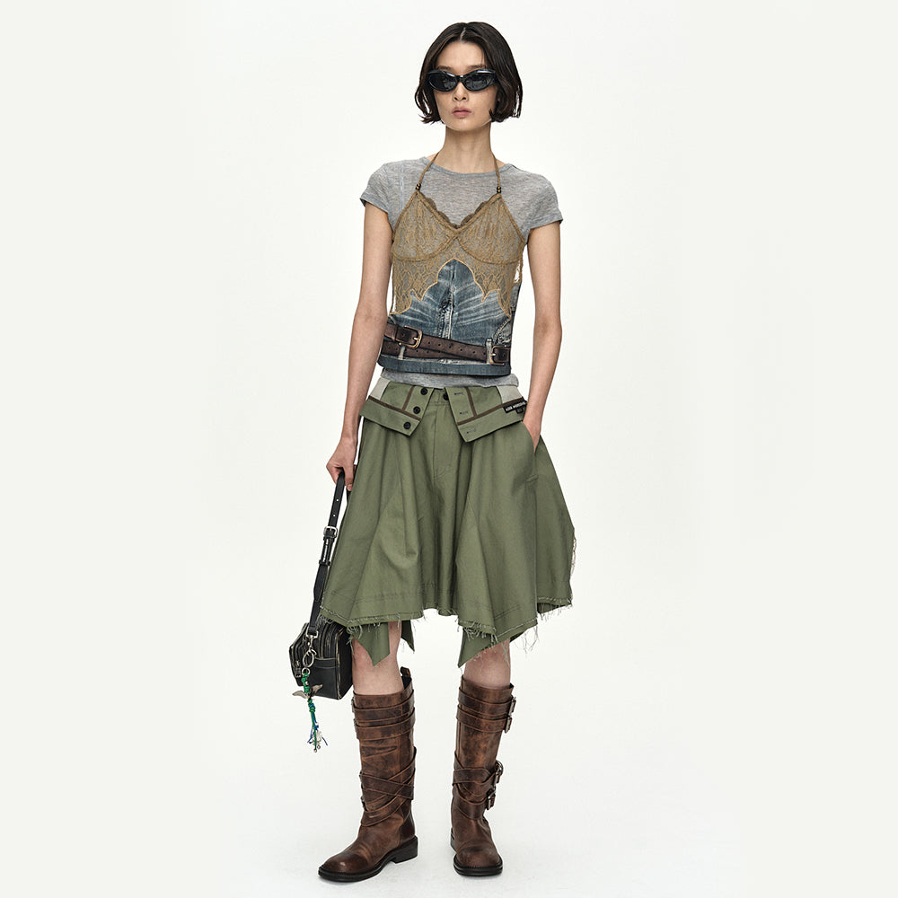 ADSB ANDERSSON BELL BELTED DENIM PRINTED LACE BUSTIER atb1563w(MID BLUE/KHAKI)