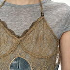 ADSB ANDERSSON BELL BELTED DENIM PRINTED LACE BUSTIER atb1563w(MID BLUE/KHAKI)