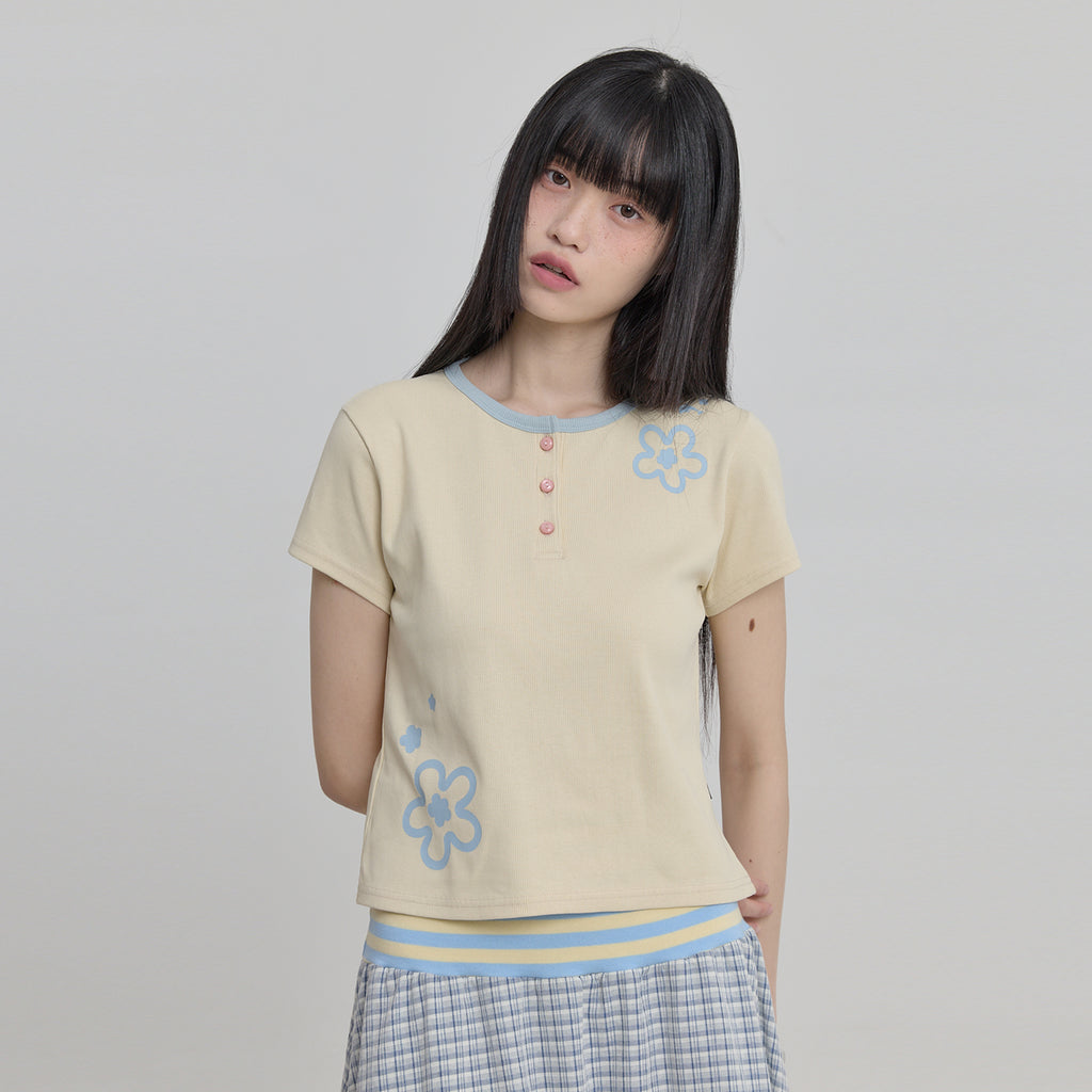 WAIKEI Flower henley neck short sleeve t-shirt lemon