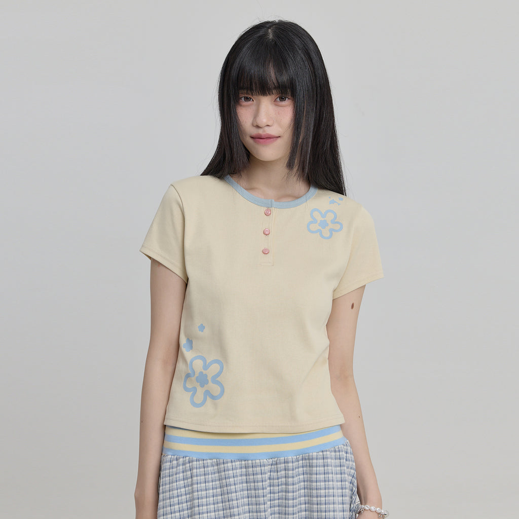 WAIKEI Flower henley neck short sleeve t-shirt lemon