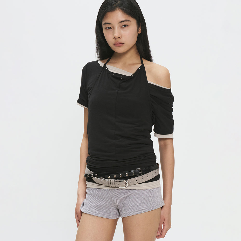 PLACE STUDIO Eyelet point halterneck side shirring two-way tank top & short sleeve set _3COLOR