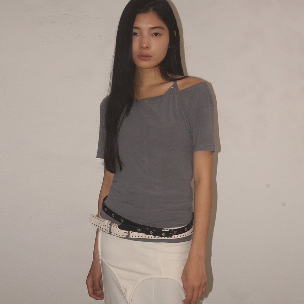 PLACE STUDIO Eyelet point halterneck side shirring two-way tank top & short sleeve set _3COLOR