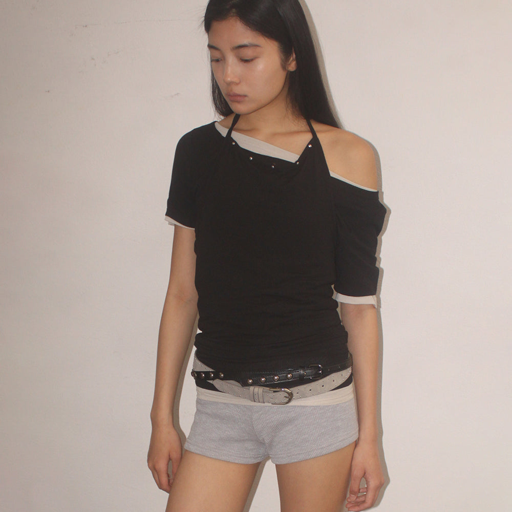 PLACE STUDIO Eyelet point halterneck side shirring two-way tank top & short sleeve set _3COLOR