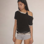 PLACE STUDIO Eyelet point halterneck side shirring two-way tank top & short sleeve set _3COLOR