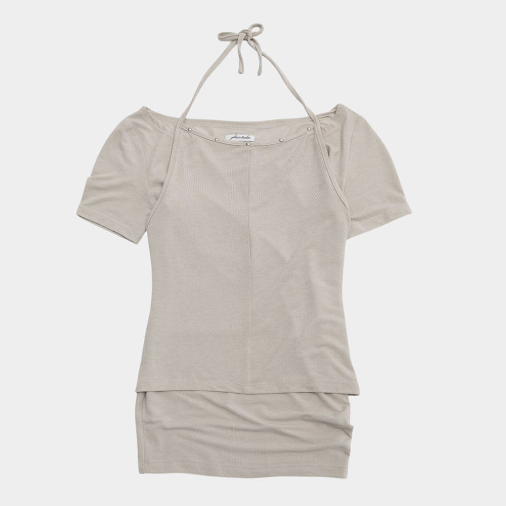 PLACE STUDIO Eyelet point halterneck side shirring two-way tank top & short sleeve set _3COLOR