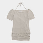 PLACE STUDIO Eyelet point halterneck side shirring two-way tank top & short sleeve set _3COLOR